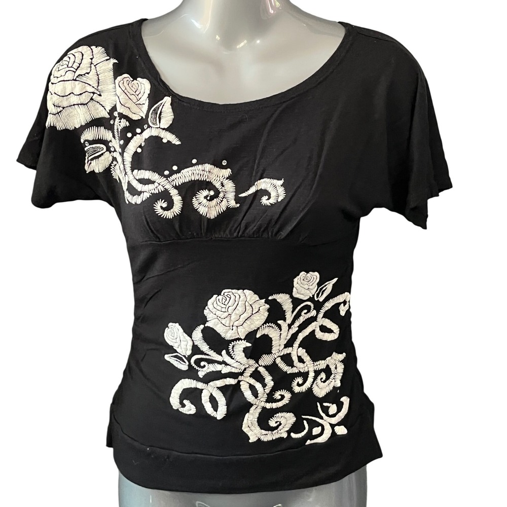 Rhapsodieielle Black Floral Embroidered Short Sleeve Top